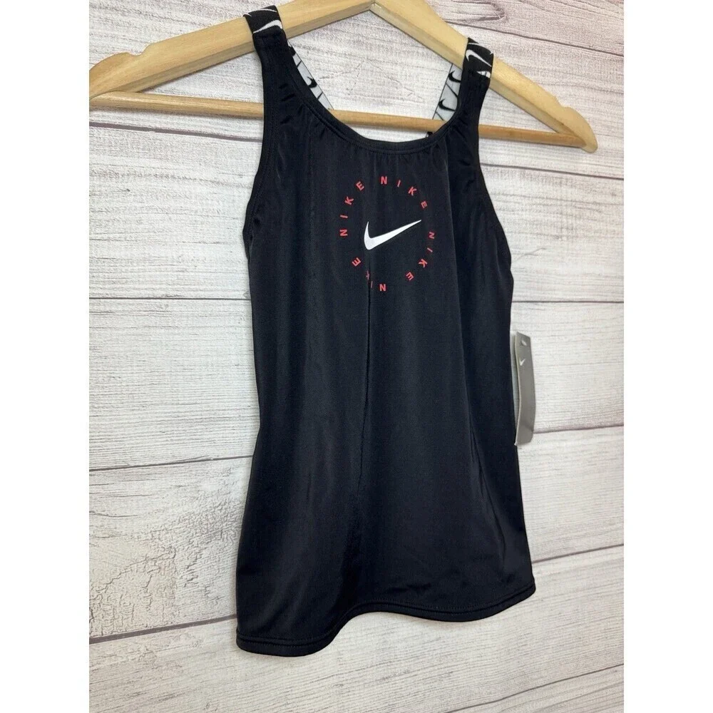 Nike Logo Tape Black Cross Back Tankini Swim Top Size  SMALL Girls